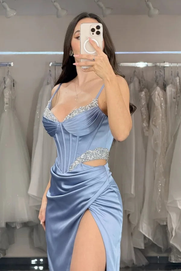 Light Green Spaghetti-Straps Sequins Split Pleated Prom Dress