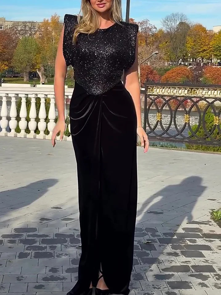Scoop-Neck Cap-Sleeves Sequin Velvet Pleated Floor-Length Mermaid Evening Dress with Slit