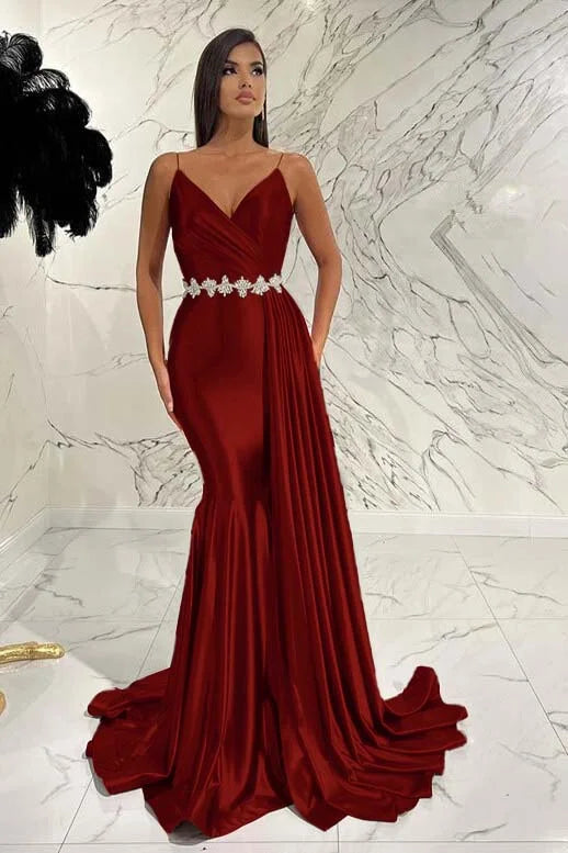 Elegant Red Spaghetti-Straps Deep V-Neck Mermaid Evening Dress With Belt Ruffles ED0472