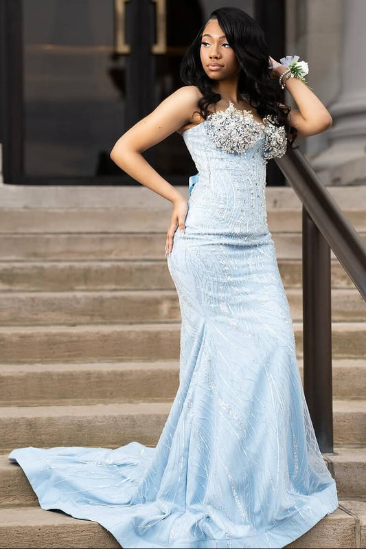 Baby Blue Sweetheart Mermaid Prom Dress Long With Beadings