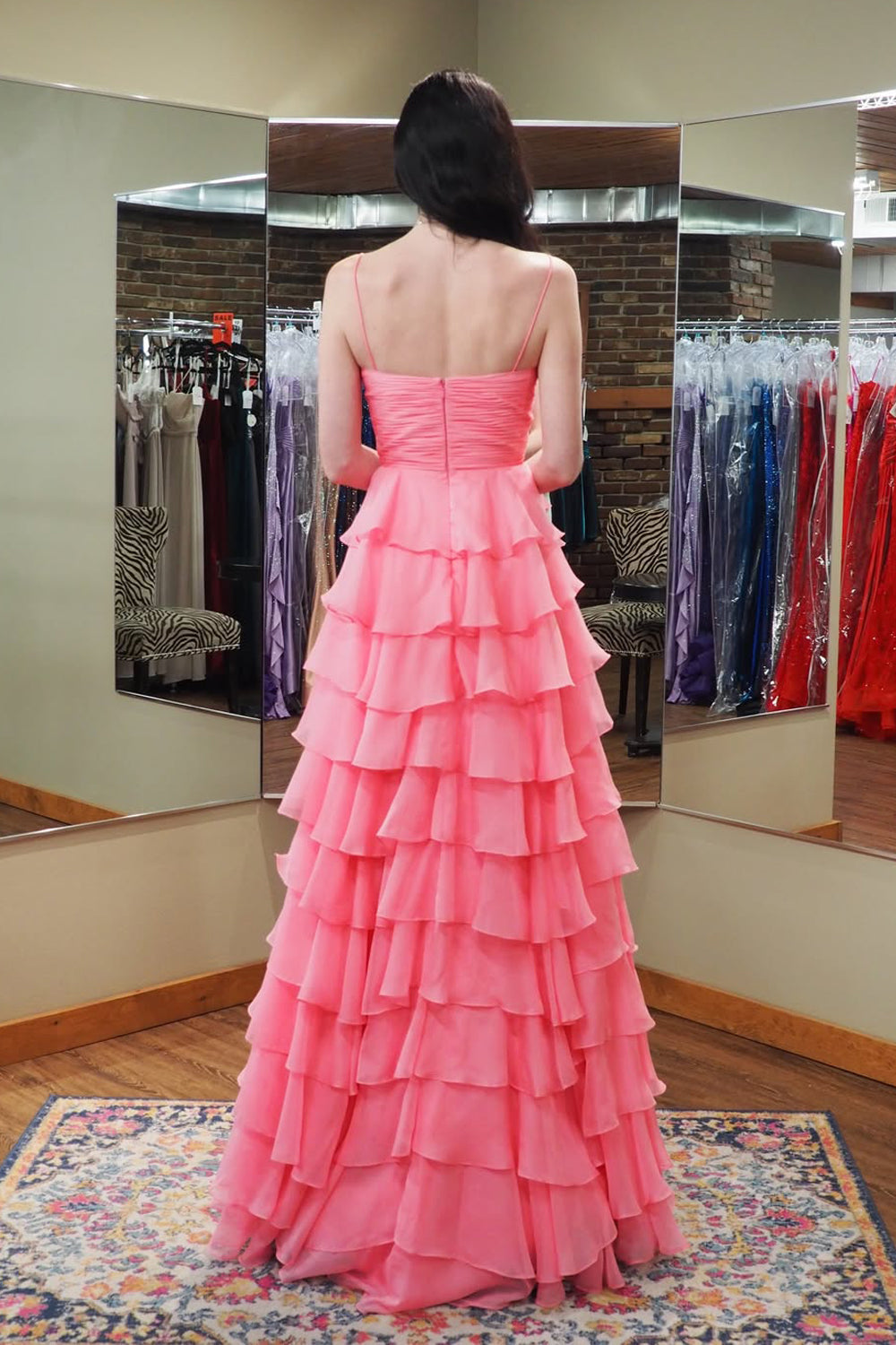 Cute A Line Sweetheart Pink Chiffon Tiered Long Prom Dress