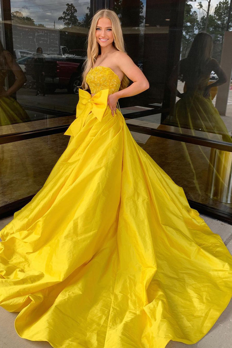 Two Piece Strapless Yellow Satin Long Prom Dress