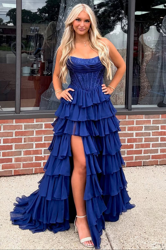 Gorgeous A Line Scoop Neck Royal Blue Chiffon Prom Dress