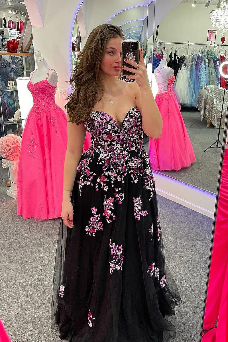 A Line Strapless Black Tulle Long Prom Dress with Appliques