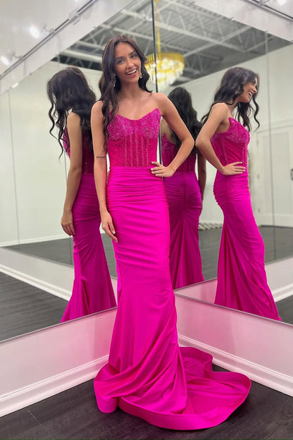 Mermaid Strapless Silver Satin Long Prom Dresses with Slit