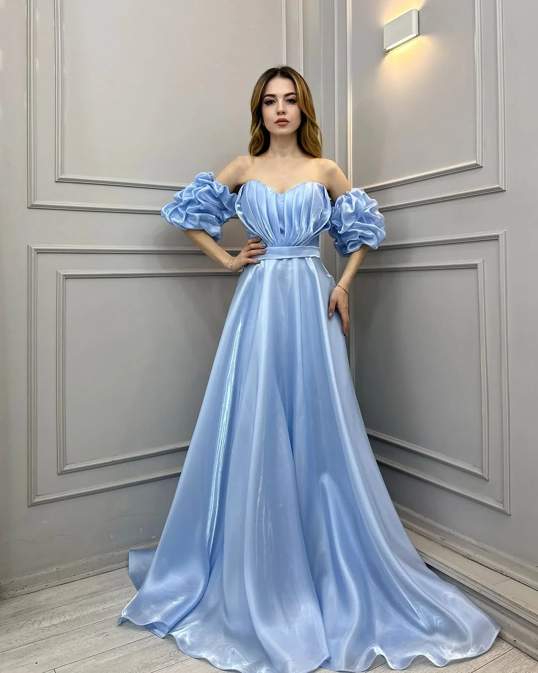 Blue Off-The-Shoulder Bright Tulle Long Prom Dress
