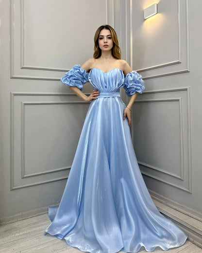 Blue Off-The-Shoulder Bright Tulle Long Prom Dress