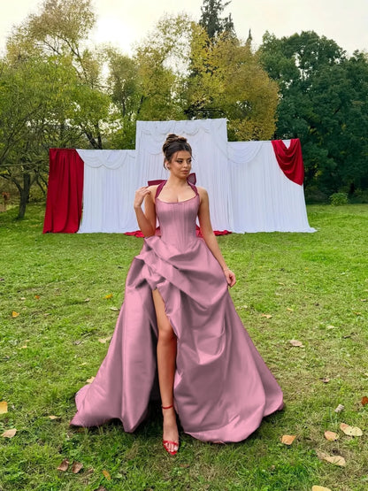 Halter Neck Strapless Sleeveless Long A-Line Prom Dress