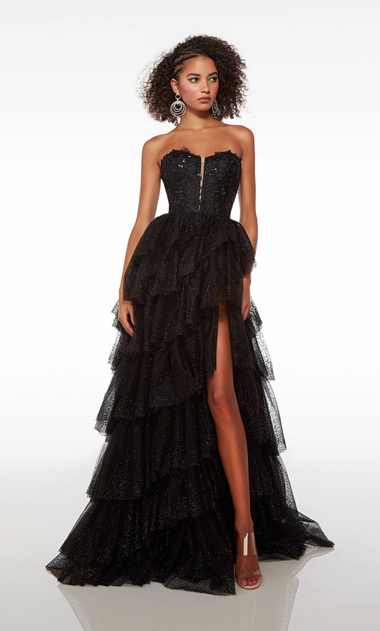 Black Sweetheart Prom Dress Sleeveless Applique Tulle with Gloves