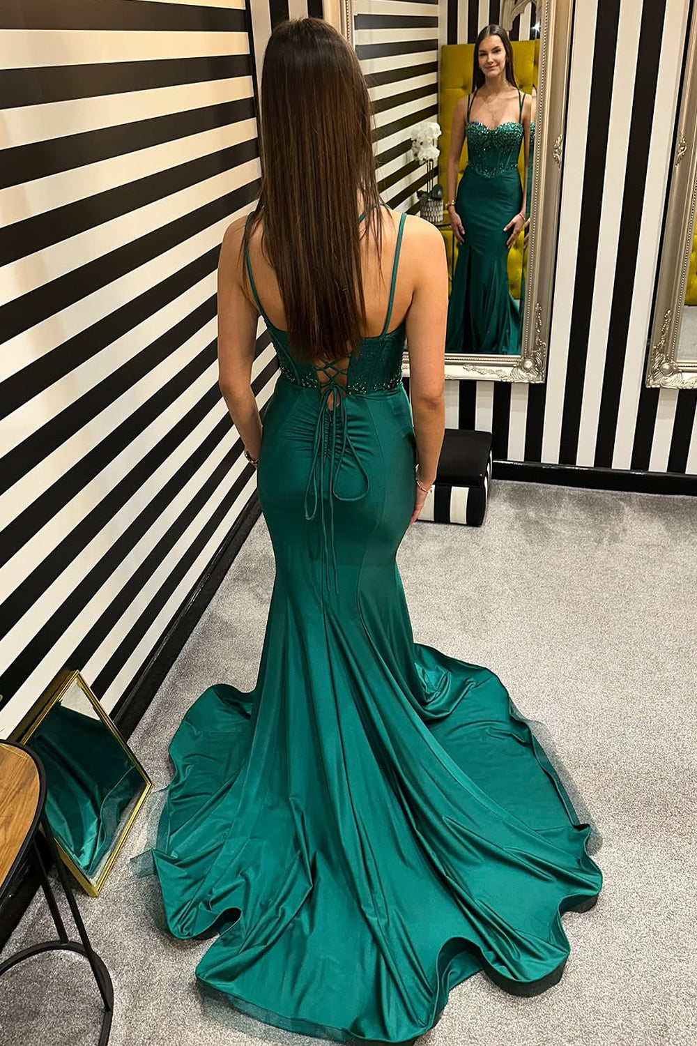Elegant Mermaid Straps Dark Green Satin Prom Dress