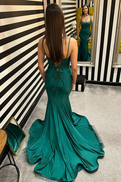 Elegant Mermaid Straps Dark Green Satin Prom Dress