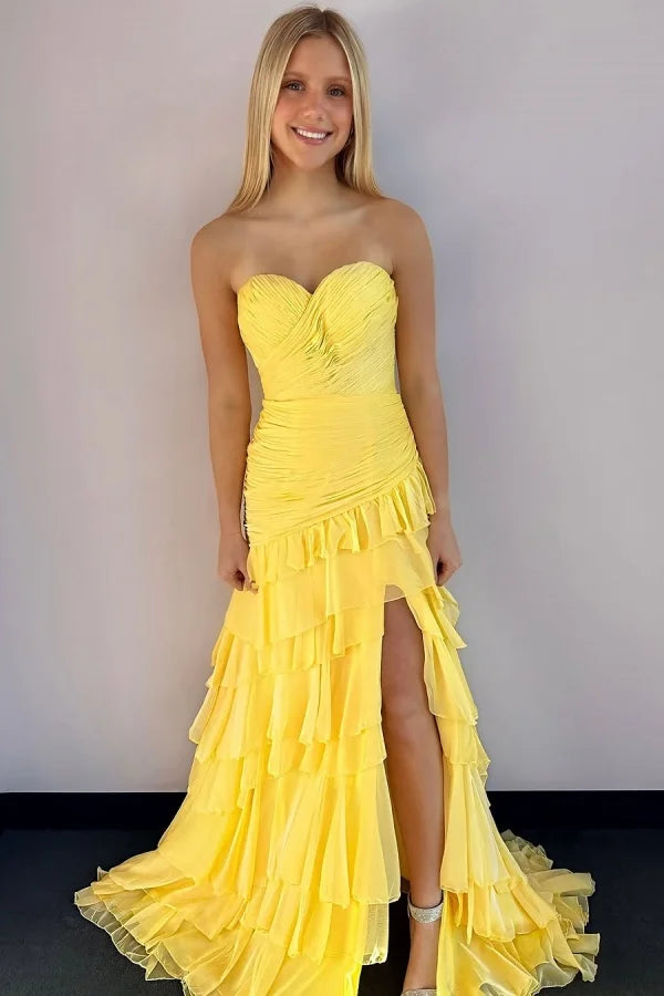 Yellow Lovely Sweetheart Split Chiffon Pleated Prom Dress