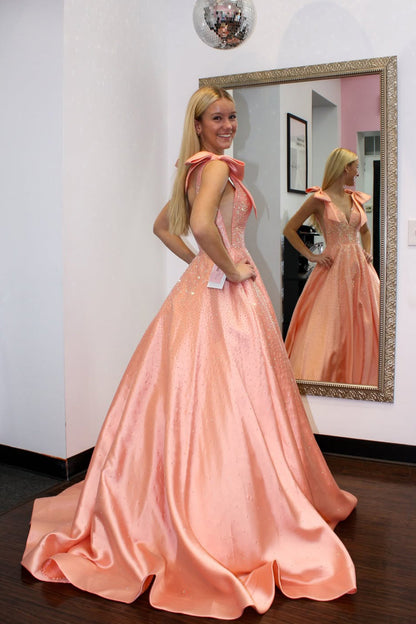 Glitter A Line V Neck Orange Satin Prom Dress