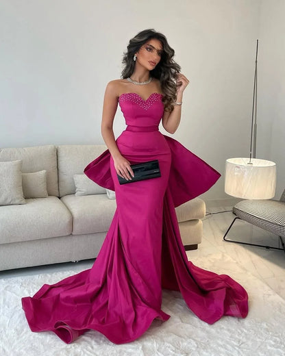 Fuchsia Beaded Bow Long Strapless Prom Dress
