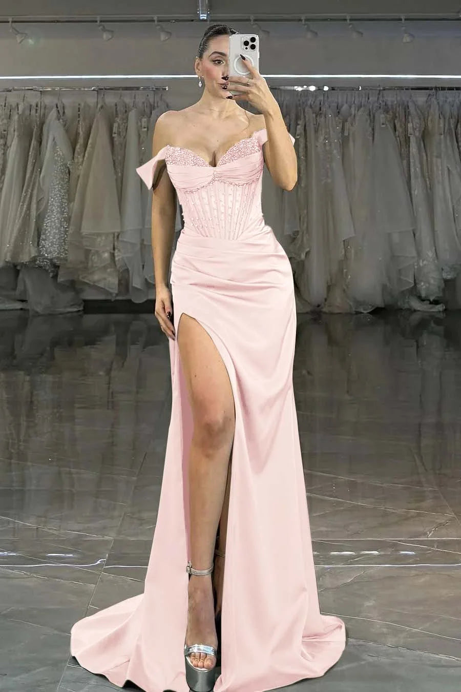 Green Off-The-Shoulder Beaded Split Evening Dress ZT0382