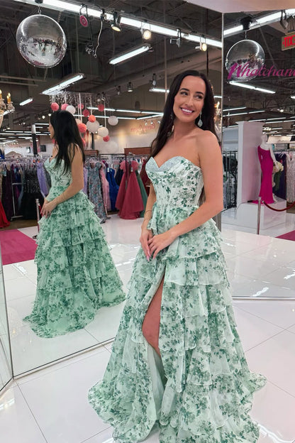 Fashion A Line Sweetheart Floral Chiffon Tiered Prom Dress