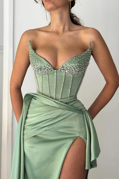 Dusty Sage Beaded Strapless Split Prom Dress