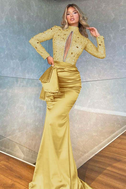 High Collar Long Sleeves Mermaid Pleated Sequins Prom Dress With Beadings