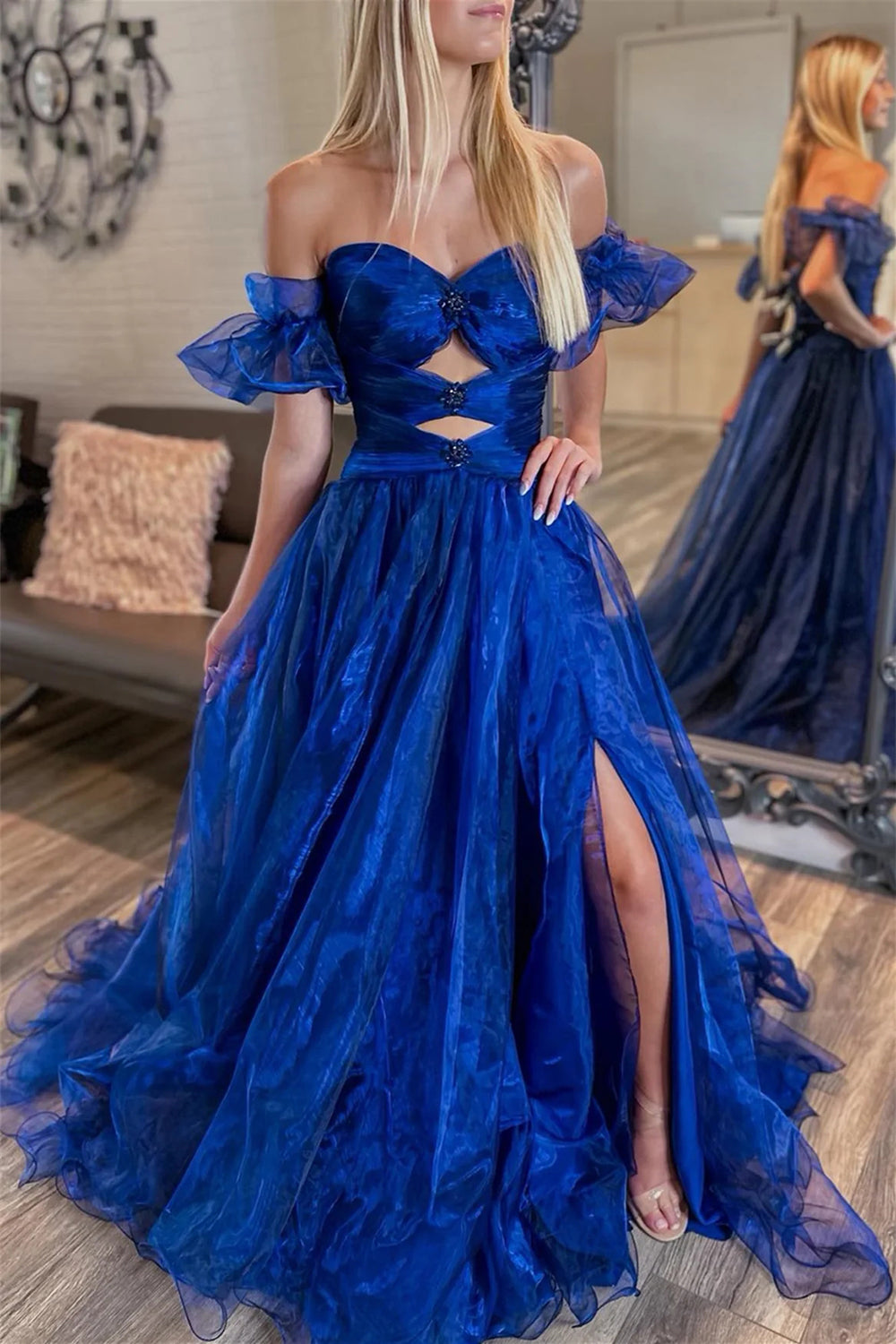 A Line Off the Shoulder Royal Blue Long Prom Dress with Keyhole