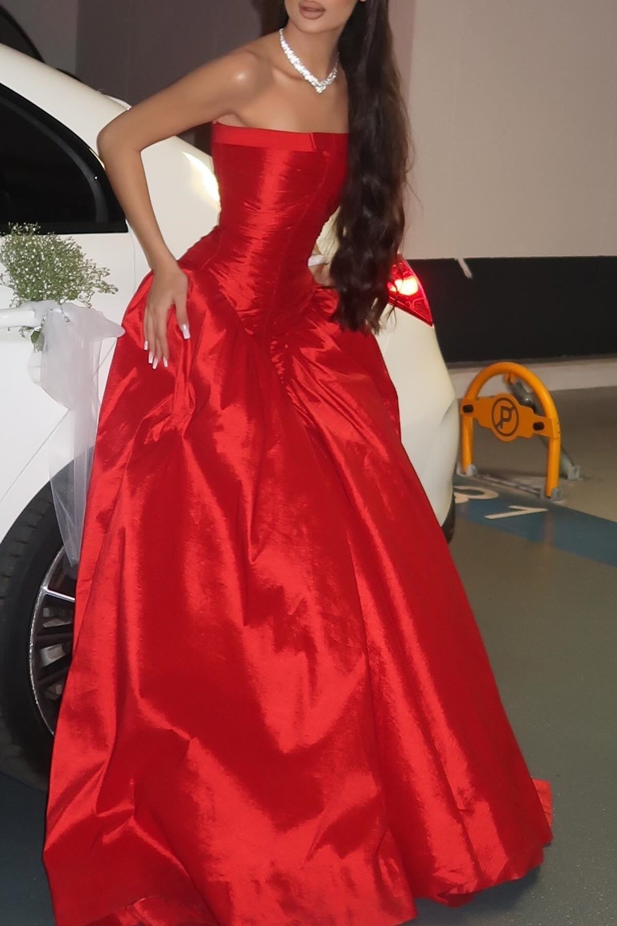 Princess A Line Strapless Red Long Party Dress with Ruffles