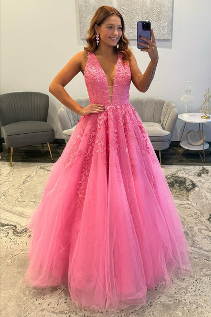 Charming A Line V Neck Pink Tulle Prom Dress with Appliques