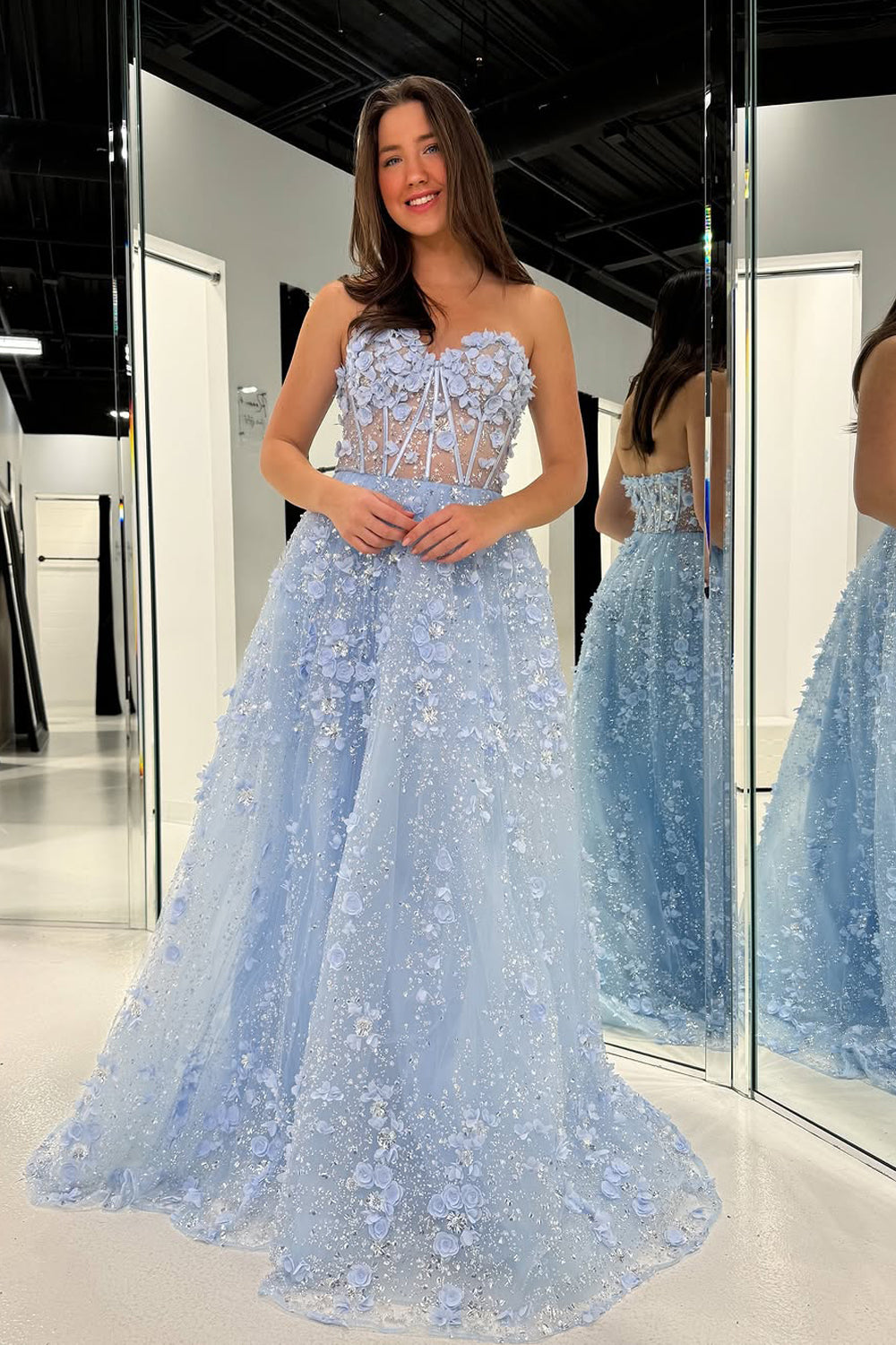 A-Line Strapless Light Blue Sequins Long Prom Dresses with 3D Flower Appliques