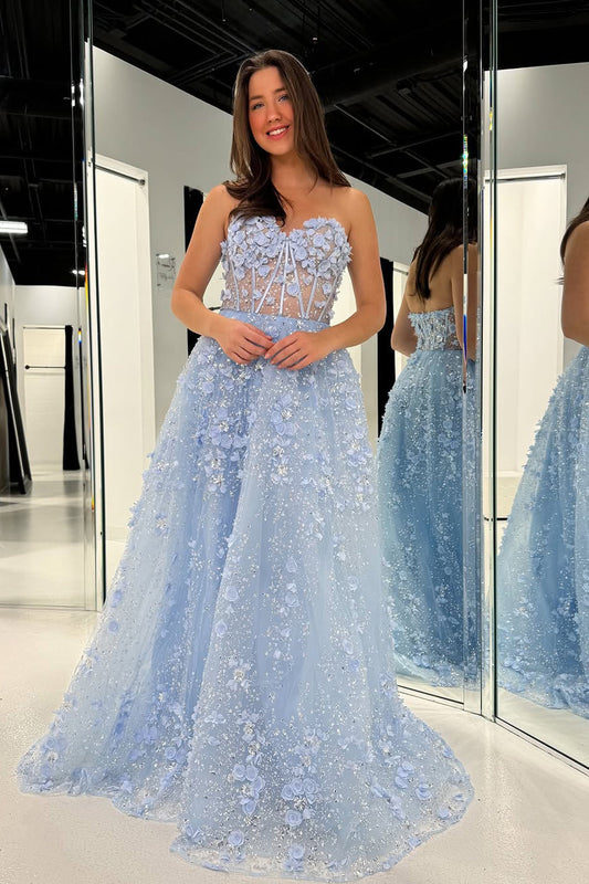 A-Line Strapless Light Blue Sequins Long Prom Dresses with 3D Flower Appliques