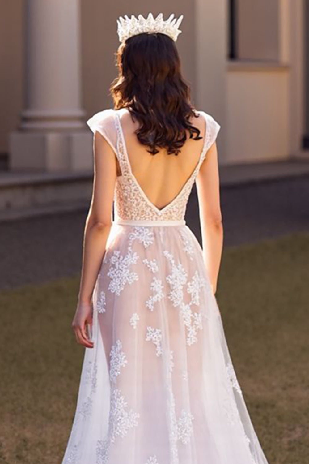 Cap Sleeves V-Neck A-Line Wedding Dress
