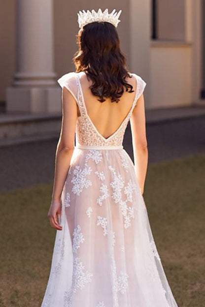 Cap Sleeves V-Neck A-Line Wedding Dress
