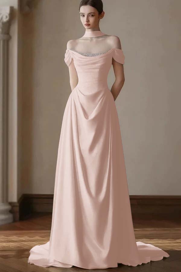 Elegant Off-the-Shoulder Prom Dress Pleated A-Line with Beaded