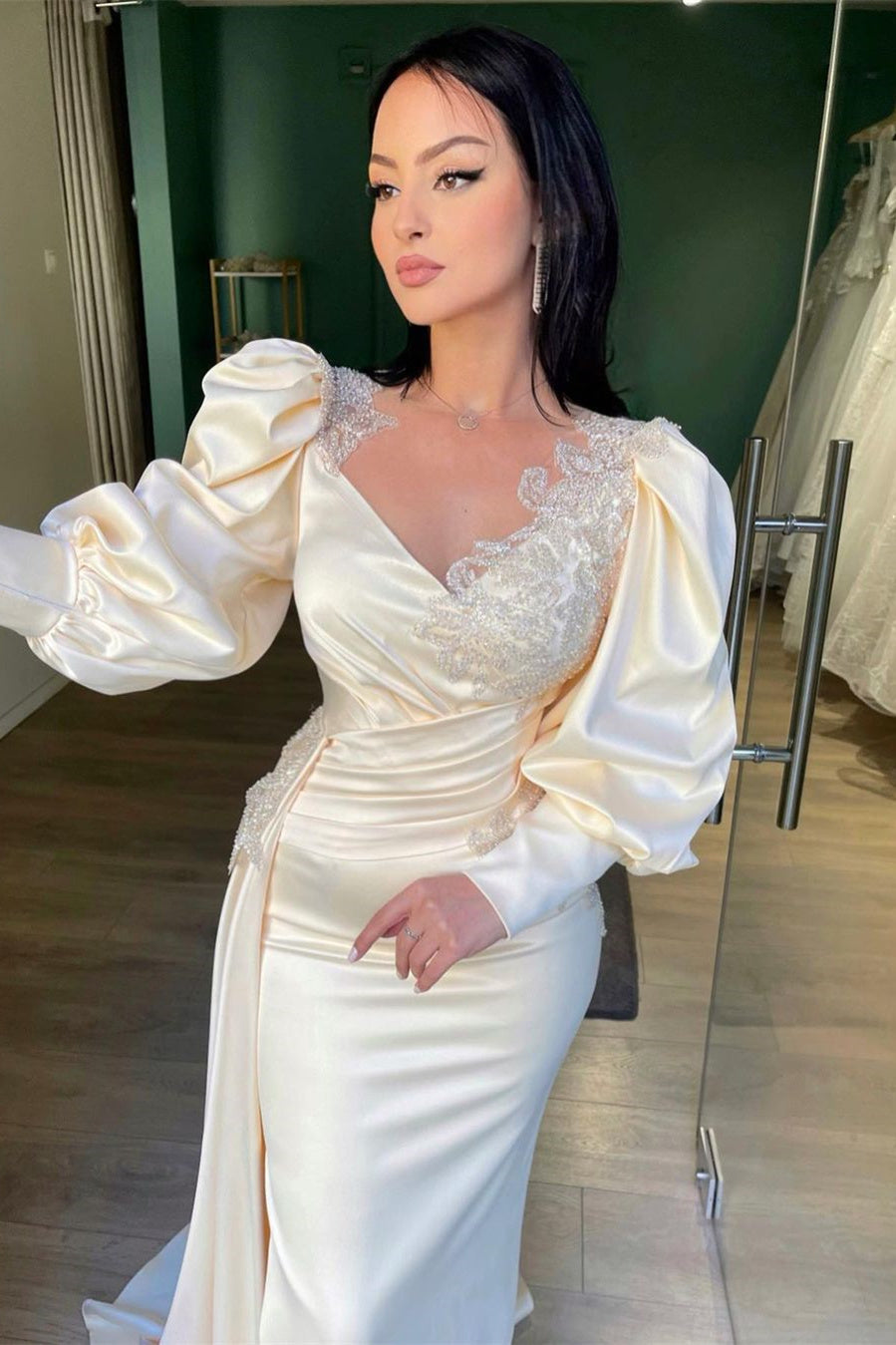 Long Puff Sleeves Pleated Mermaid Split Prom Dress