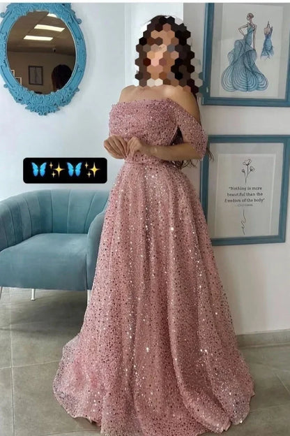 Luxurious Pink Off-The-Shoulder Sequins Prom Dress