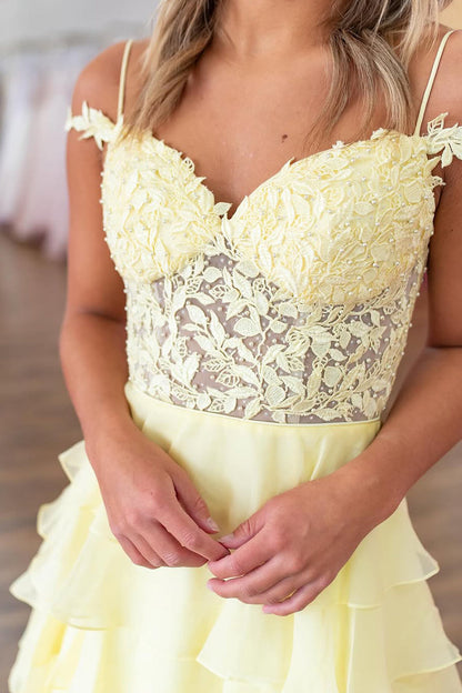 A-Line Cold Shoulder Yellow Ruffle Tiered Long Prom Dress