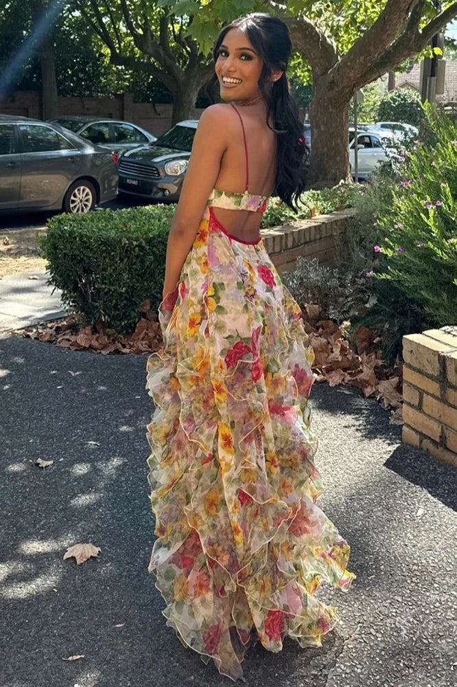 A-Line Prom Dress Print-Chiffon Ruffled Floor-Length Party Gowns