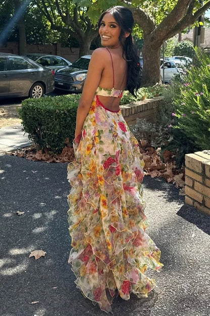 A-Line Prom Dress Print-Chiffon Ruffled Floor-Length Party Gowns