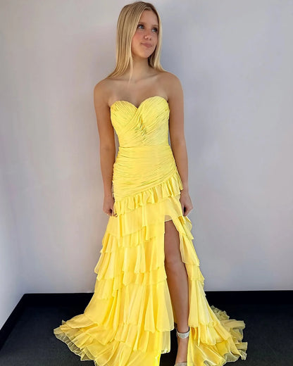 Yellow Lovely Sweetheart Split Chiffon Pleated Prom Dress