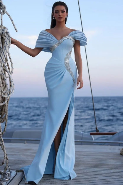 Chic Light Blue Off-The-Shoulder Beaded Split Prom Dress