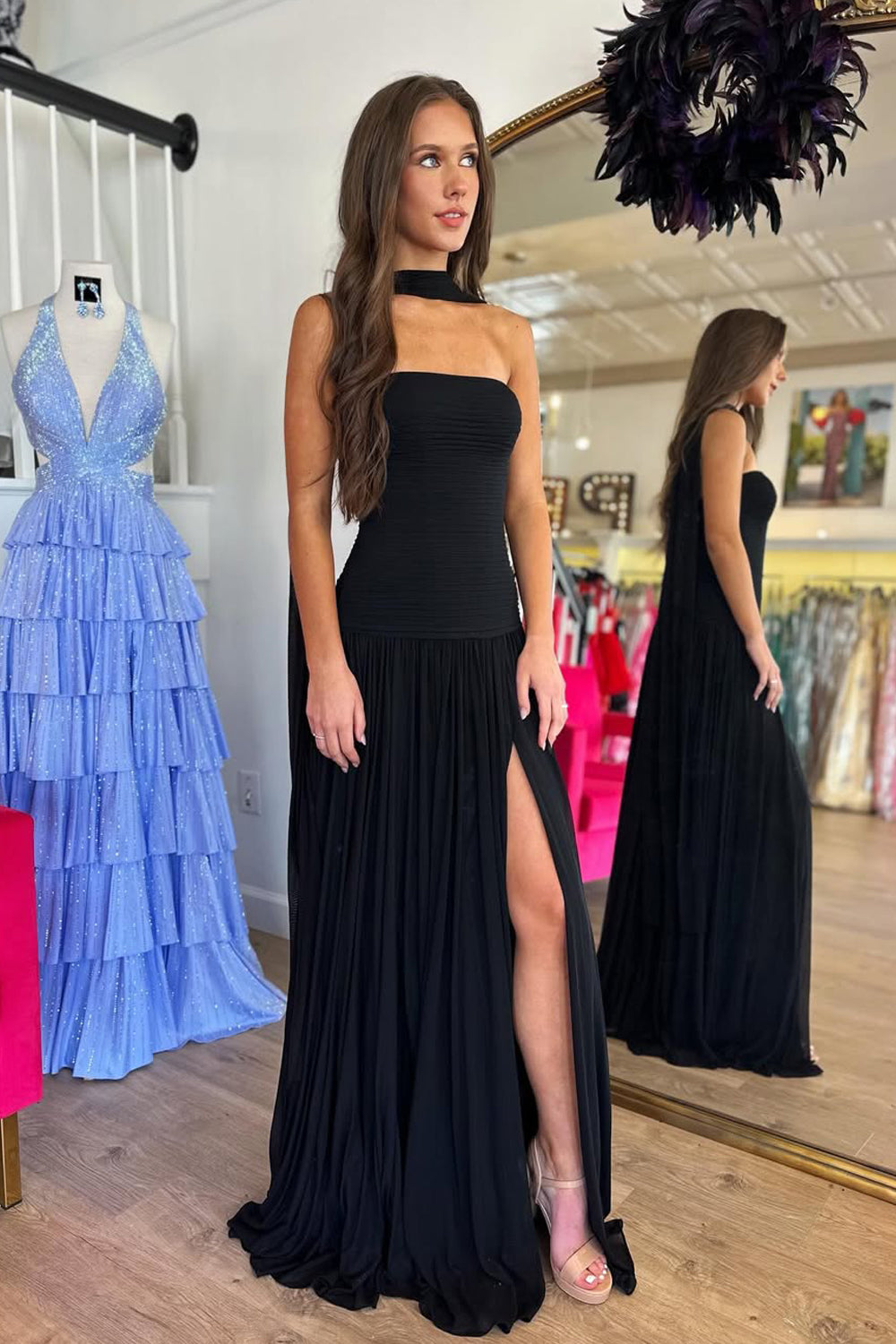 Cute Sheath Strapless Black Chiffon Prom Dress with Slit