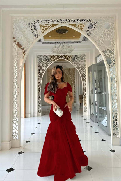 Sweetheart Short Sleeves Long Mermaid Prom Dress With Pleated