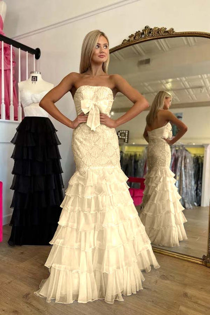 Stunning Strapless Prom Dress Mermaid Ruffles Beading with Bow
