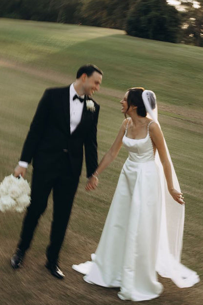 Fashion A Line Square Neck Satin Satin Long Wedding Dresses with Beading