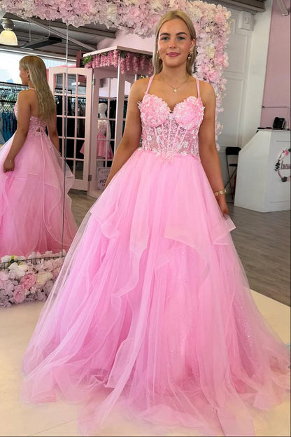 Gorgeous A Line V Neck Pink Tulle Long Prom Dress with Appliques