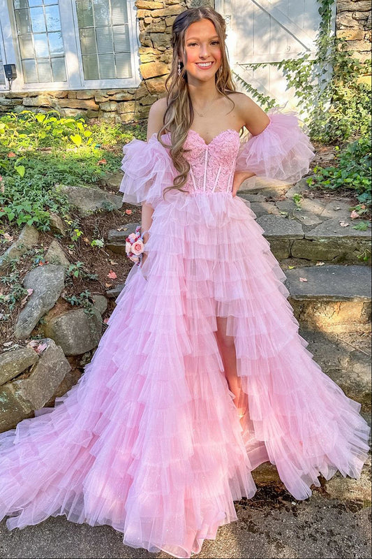 Fairy A Line V Neck Pink Tulle Long Prom Dresses with Appliques