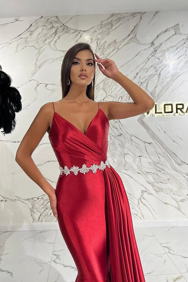 Elegant Red Spaghetti-Straps Deep V-Neck Mermaid Evening Dress With Belt Ruffles ED0472