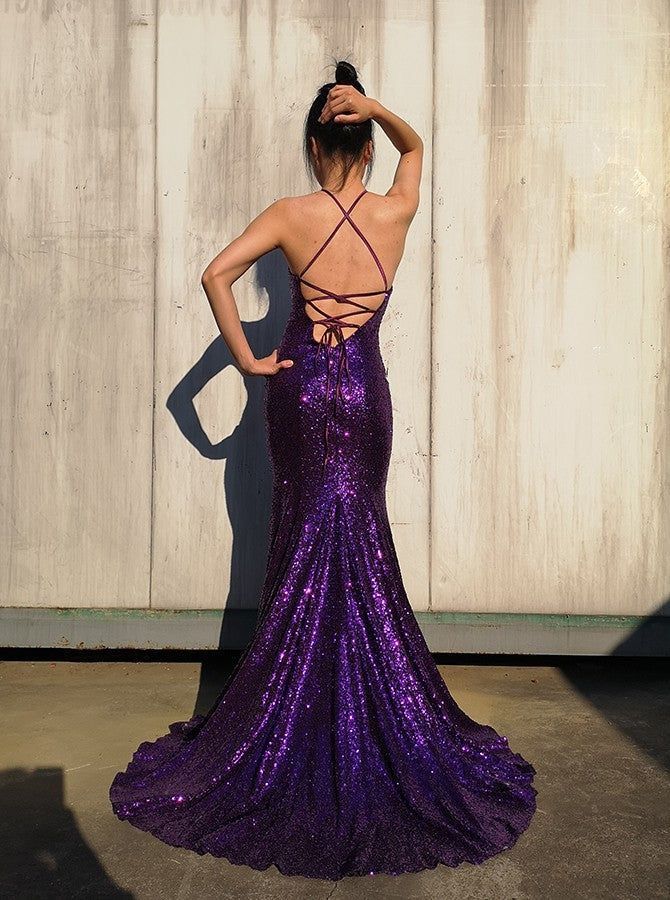 Sexy Mermaid Spaghetti Straps Grape Sequins With Slit