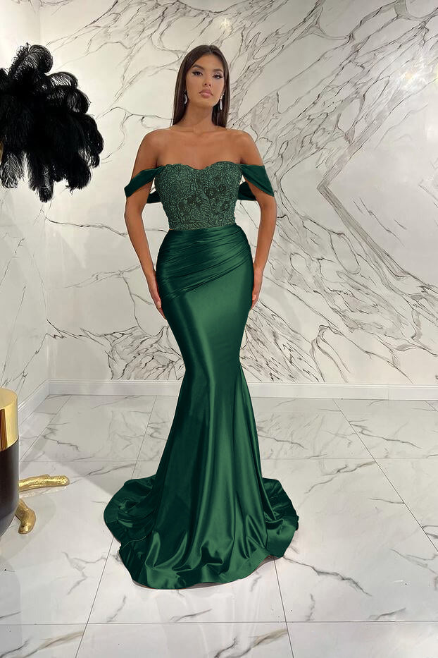 Gorgeous Off the Shoulder Prom Dress Mermaid Sequined Evening Formal Dress With Beading Pleated