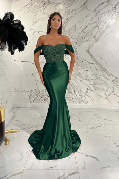 Gorgeous Off the Shoulder Prom Dress Mermaid Sequined Evening Formal Dress With Beading Pleated