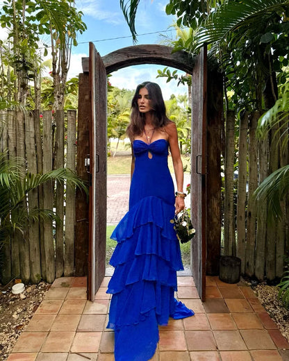 Royal Blue Sweetheart Halter Chiffon Ruffles Prom Dress ZT0682