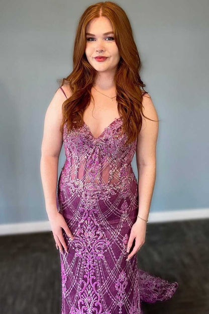 Stunning Purple V Neck Spaghetti Straps Appliques Mermaid Long Prom Dress