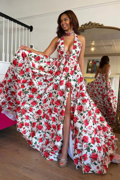A Line Deep V Neck Floral Printed Satin Prom Dress